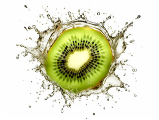 Falling kiwi fruit meets water in a splash, white background. Lots of crystal drops. AI generative illustration.