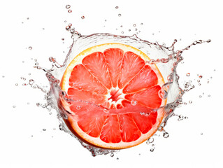 Falling grapefruit fruit meets water in a splash, white background. Lots of crystal drops. AI generative illustration.