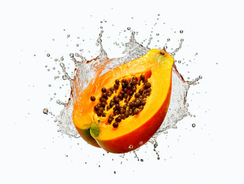 Falling cutted papaya fruit meets water in a splash, white background. Lots of crystal drops. AI generative illustration.