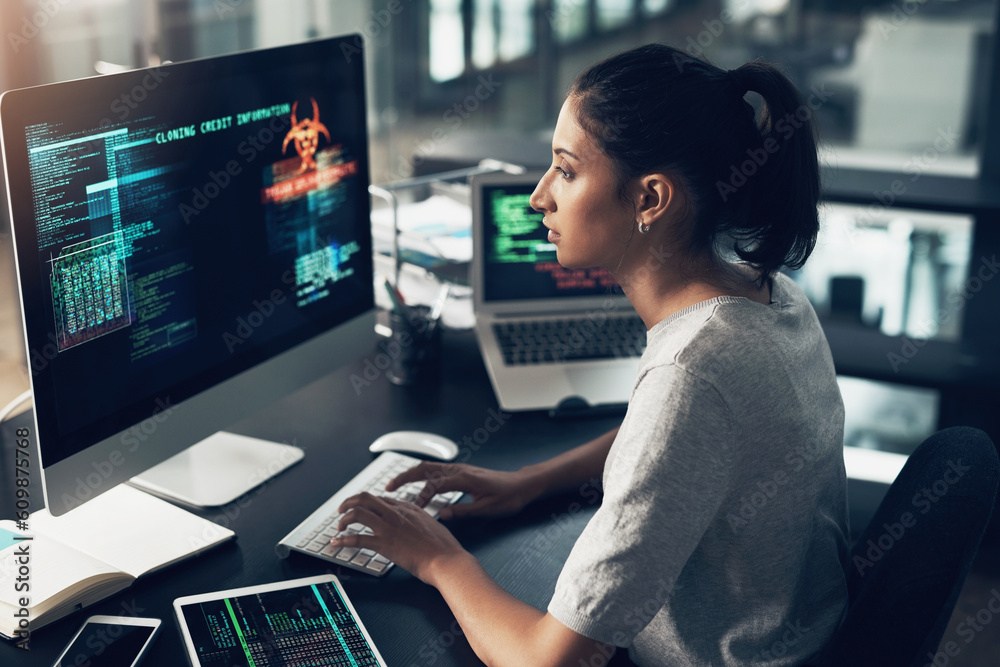 Poster Typing, woman and hacker, computer programmer or coder hacking data. IT, focus and female developer, engineer or person programming, coding and writing software for phishing, cyber security or virus.