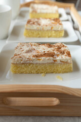 Piece of sheet cake with sour cream, mandarin orange, cinnamon topping on a plate