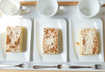 Sponge cake with sour cream, tangerine, cinnamon topping on plates