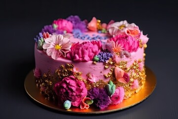 Fototapeta na wymiar Beautiful cake decorated with many flowers. Wedding pie. Generative AI