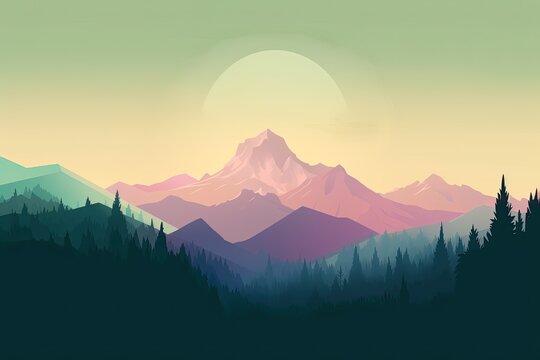 Beautiful Pink sunset light on a Mount in the forest. Generative AI © Gelpi