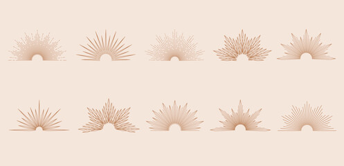 Hand drawn set of Sun, sunburst, light rays in line art. Bohemian symbol bursting sun rays. Magic talisman, antique style, boho, tattoo, logo. Vector illustration isolated on beige background.