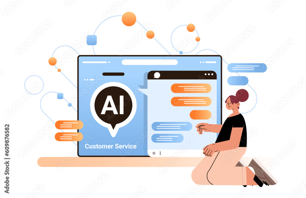 Poster woman chatting with chatbot in computer application ai artificial intelligence technology concept ch