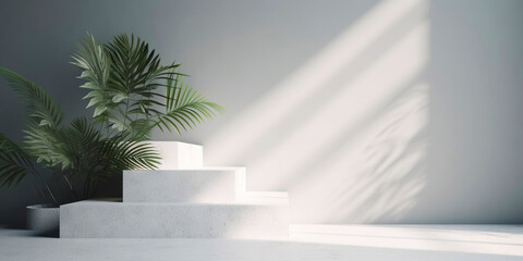 White product display podium with nature palm leaves. Generative AI