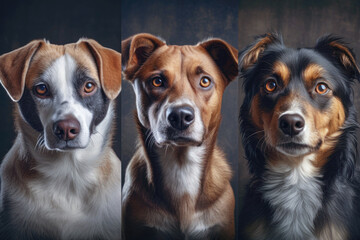 collage from portraits of three cute dogs. generative AI