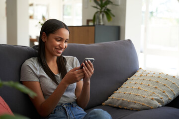 Young biracial woman in casual clothing smiling while using mobile phone on sofa at home