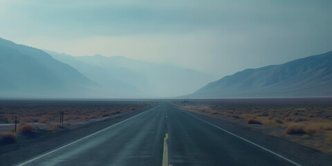 Minimalistic misty empty highway. Foggy road. Mystery travel concept. Generative AI