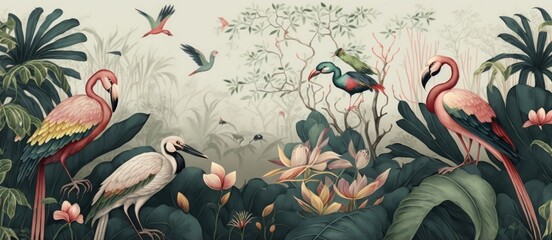 wallpaper jungle and leaves tropical forest flamngo and tropical birds, illustration, Generative ai
