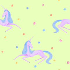 Obraz na płótnie Canvas Cute unicorn seamless pattern. Resting in the flowers field purple and blue unicorn. 