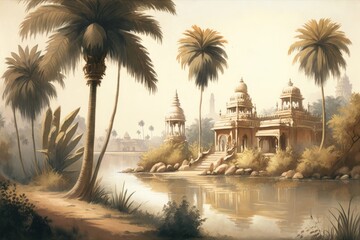 landscape painting of palm trees and river banks of India with ancient temples, illustration, Generative ai