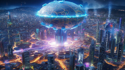 Futuristic cityscape at night, dominated by a massive, glowing hologram of an AI brain