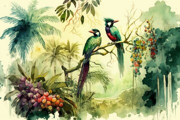 Watercolor style, landscape on a tropical forest with trees, palms and branches standing on it, colorful birds and fruits, Generative ai