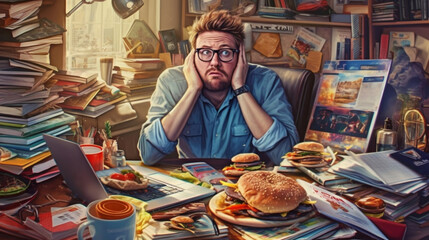 Stressed and overwhelmed man sitting at a cluttered desk, surrounded by various technological devices and food | Generative AI