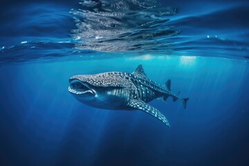 Naklejka premium A whale shark plays near the surface in blue water. Whale shark in pacific sea. Generative ai