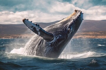 Fototapeta premium Humpback whale jumping out of the water. The whale is spraying water and ready to fall on its back. Humpback whale in pacific sea. Generative ai