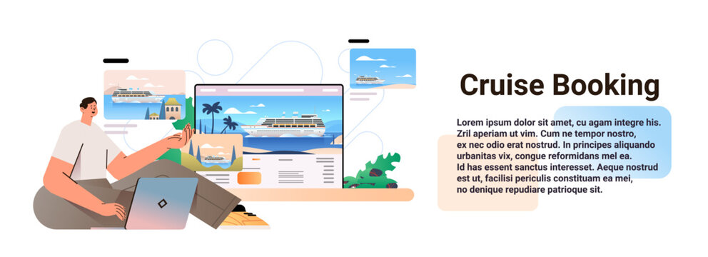 man traveler choosing passenger liner on laptop sea cruise online booking summer vacation voyage concept