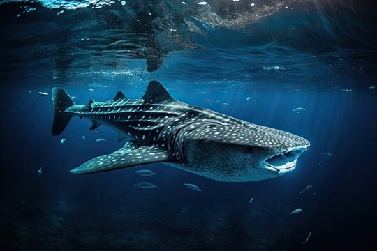 A whale shark plays near the surface in blue water. Whale shark in pacific sea. Generative ai