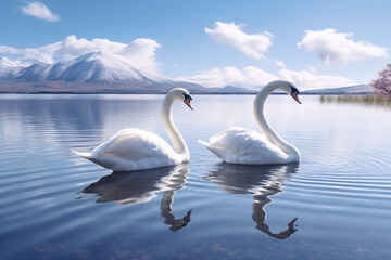 Fototapeta premium two_white_swans_with_mount_fuji_in_the_background, Generative AI 