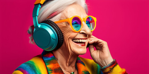 portrait of a cool old women with glasses and headphones, crazy colorful lifestyle concept, fictional person created with generative ai 