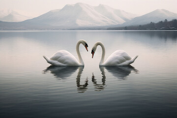 two_white_swans_with_mount_fuji_in_the_background, Generative AI 