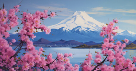 Obraz na płótnie Canvas pink_flowers_in_a_field_with_mt_fuji_in_the_background, Generative AI