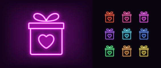Outline neon love gift icon set. Glowing neon gift box with heart sign, give present. Romantic surprise, receive gift bonus and prize, present love, get gift box, donation and giveaway © Дмитрий Майер