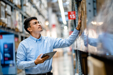 Businessman or supervisor uses a digital tablet to check the stock inventory in large warehouses, a Smart warehouse management system, supply chain and logistic network technology concept..