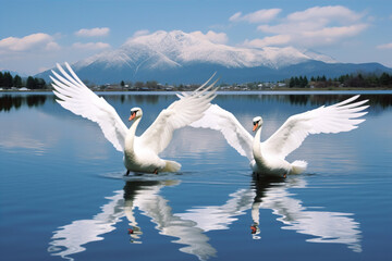 two_white_swans_with_mount_fuji_in_the_background, Generative AI 