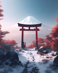 a_red_tori_gate_seen_towards_fuji_mountain_outside, Generative AI 