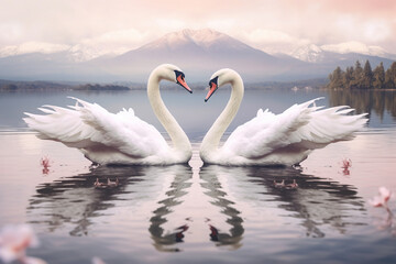 Plakat two_white_swans_with_mount_fuji_in_the_background, Generative AI 