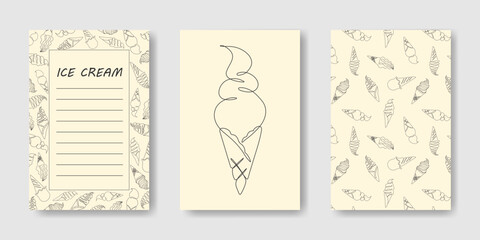Set of summer backgrounds with doodle ice creams. Continuous line drawn illustration. Frame, pattern, single ice cream with black outline. Layout for menu, advertising, invitation, flyer