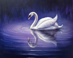 swan gracefully gliding across a moonlit lake. combination of deep blues, purples, and silver tones to evoke a sense of enchantment and magic 