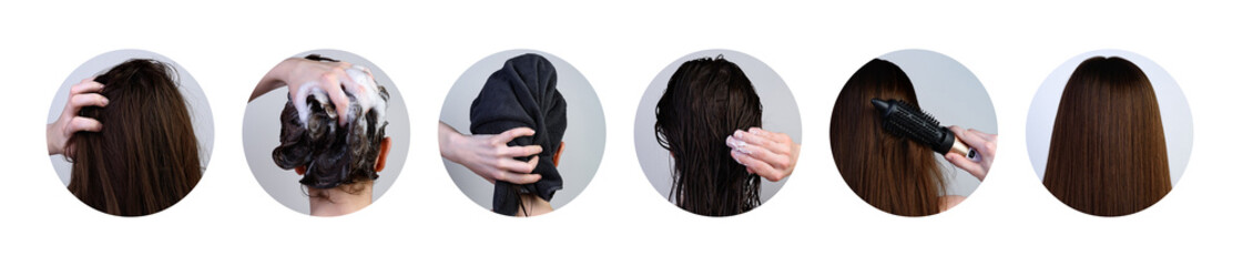 Step-by-step hair washing. A young girl taking care of her hair. The girl washing, wiping with a towel, applying a mask and drying hairs with a hairdryer.