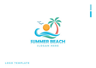 Summer vacation logo abstract sign in flat shape. Tropical vacation. Palm trees, ocean waves, beach, coast, hills, sun. Graphic design element.
