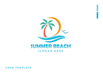 Summer vacation logo abstract sign in flat shape. Tropical vacation. Palm trees, ocean waves, beach, coast, hills, sun. Graphic design element.