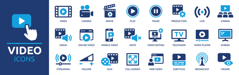 Video icon set. Containing camera, play, pause, media, online video, live, production, player, movie and cinema icons. Solid icon collection.