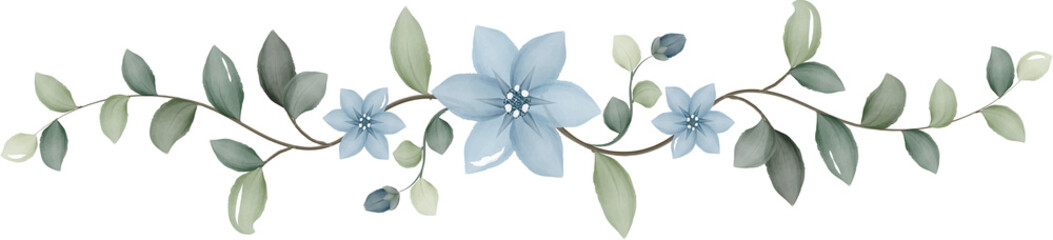 Watercolor branch with blue flowers and green leaves