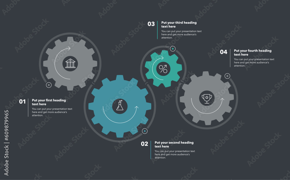 Poster Cogwheel process template with four steps on dark background. SImple chart design for workflow layout, diagram, banner, web design.