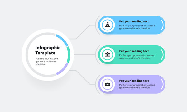 Modern linear infographic template with three colorful options. Simple flat presentation diagram with icons and places forn your texts.