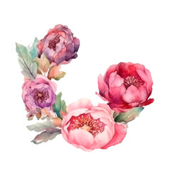 Peony roses watercolor wreath. AI generative isolated illustration. Summer wedding invitation design element