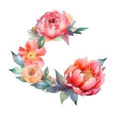 Peony roses watercolor wreath. AI generative isolated illustration. Summer wedding invitation design element