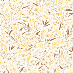 Seamless pattern with thousand wild grass . Golden autumn ornament. Vector  illustration. Botanical background. Reeds, pampas grass, dried grass. Engraving style.