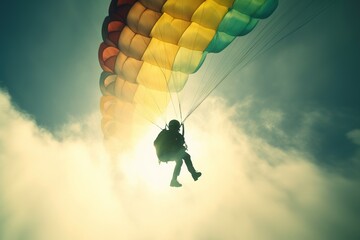 a guy dangling from the sky by his parachute as he flies through the air. Generative AI