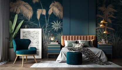 interior bedroom with tropical plant wallpaper palm wood wall chair and desk in rustic luxury style and dark blue background, Generative ai