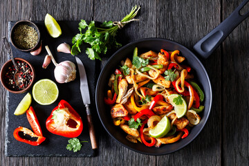 chicken fajitas with bell peppers, onion, spices
