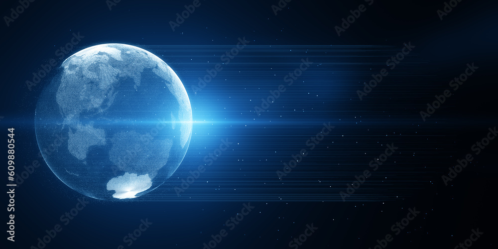 Poster Digital globe on blue background with empty space. 3D Rendering
