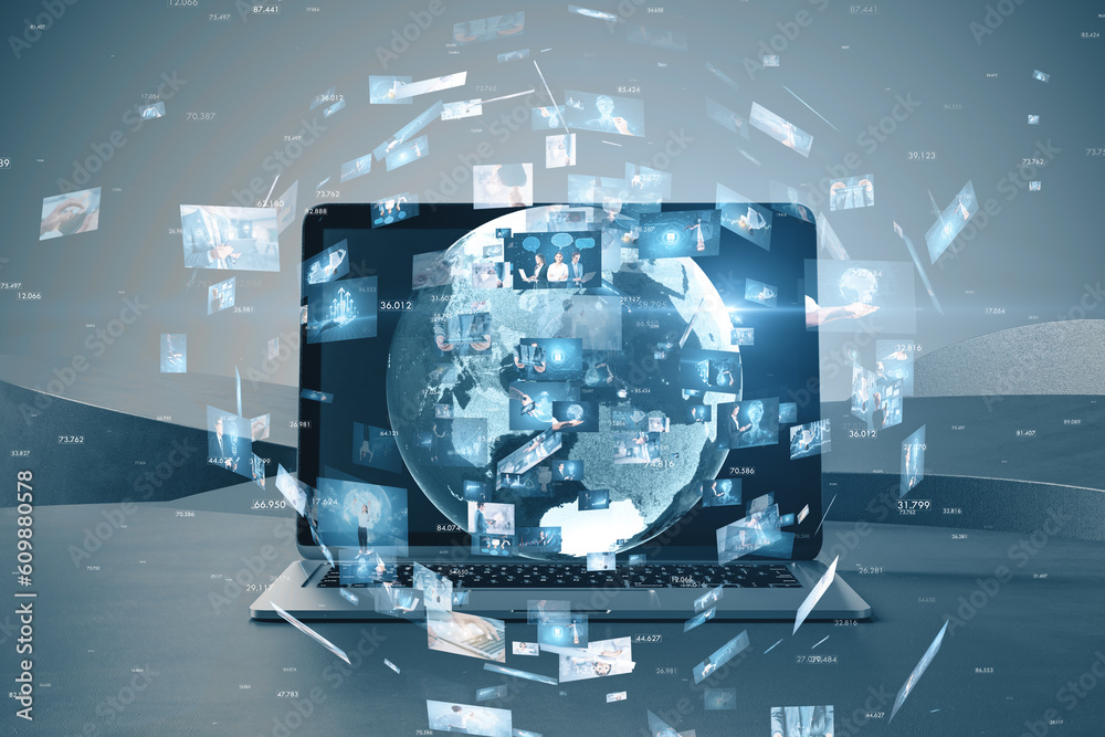 Poster close up of laptop computer with creative globe with telecommunication picture icons on blurry offic